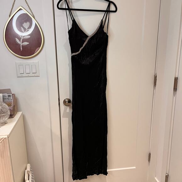 Zara Black Rhinestone Details V-Neck Satin Midi Dress Size Medium - Picture 3 of 12